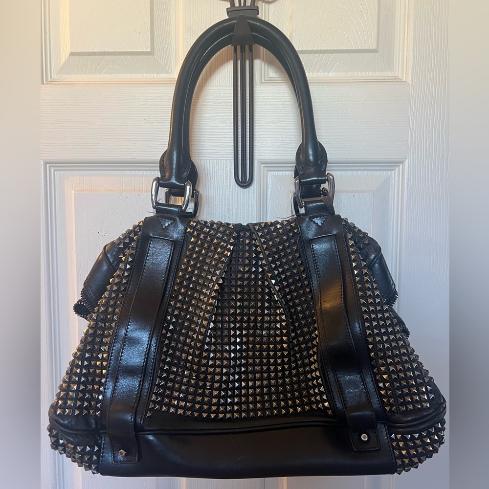 Burberry Prorsum Knight Satchel Handbag - Black Studded Leather